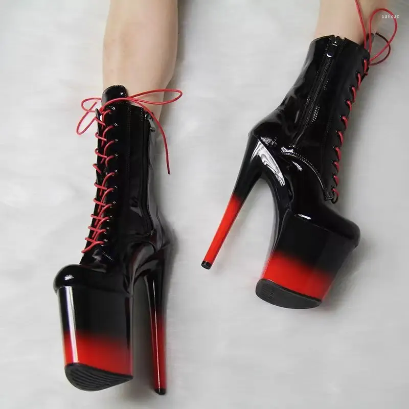 Stiefel 2024 Frauenplattformen mit mittlerer Kalf Fetisch Pole Dance Schuhe High Heeled Männer Cosplay Short Botas Schnürung 20 cm schwarz rot