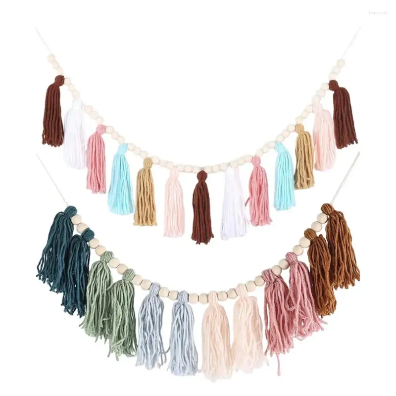 Decoratieve beeldjes houten kraal slinger met regenboog katoenen touw tasel handgemaakte boho elegante muurhangende houten decoratie