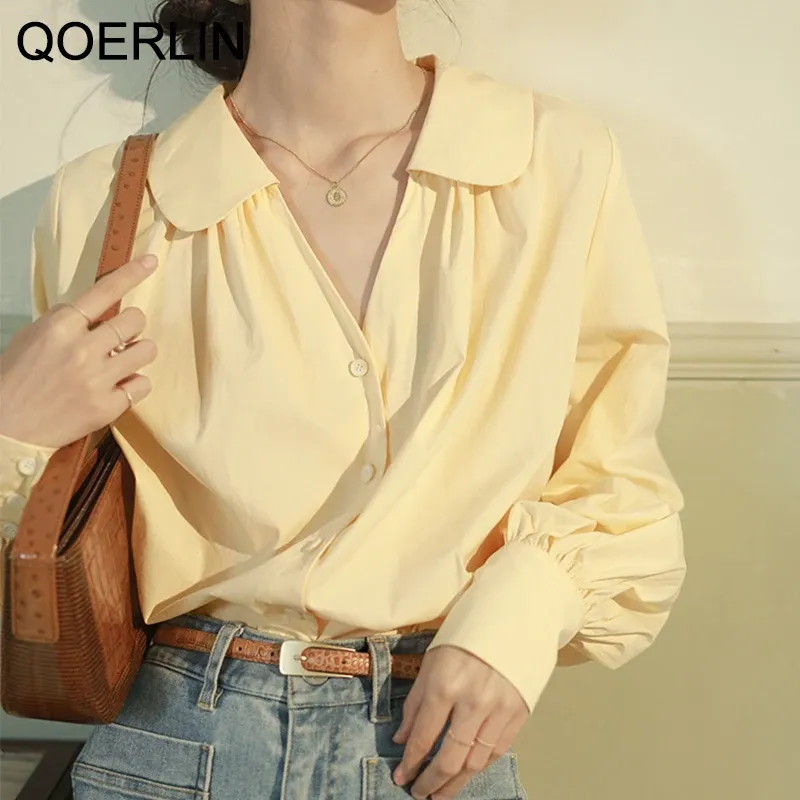 Chemise Qoerlin Girly Turndown Collar Vneck Blouses Ladies Lantern Sleeve Blouse blanche Femmes Solid Breasted Tops Shirts Yellow