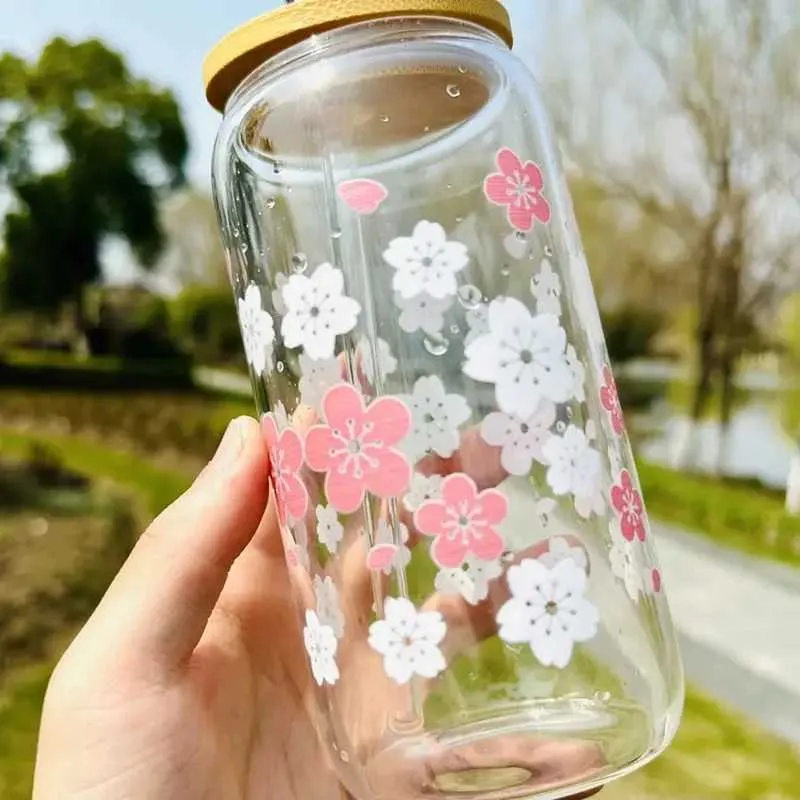 Tumblers Pink And White Flowers16oz Clear Drinking Glass With Bamboo Lid Straw Drink Juice Can Bottle Summer Drinks Cup H240425