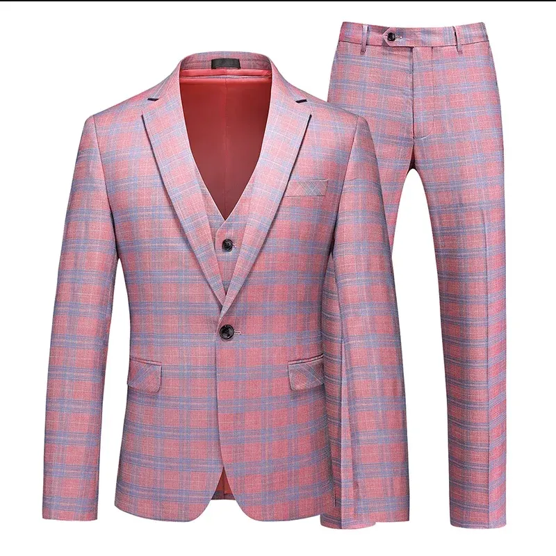 ジャケット2023新しいピンクの格子縞のスーツメンウェディングパーティースワローテイルドレス大規模6xlメンズスリムフィットブレザージャケットとパンツ