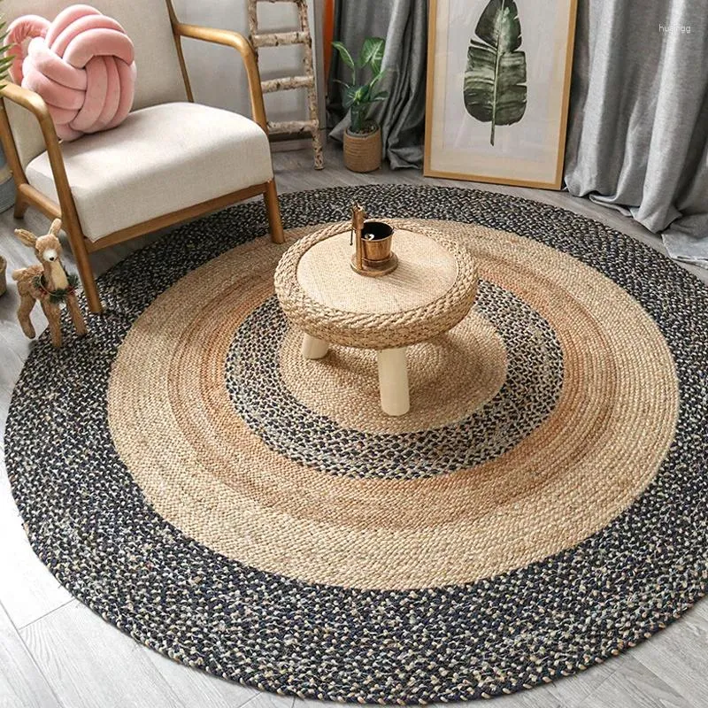 Carpets Rug Handmade Round Jute Denim Carpet Living Room Coffee Table Blanket Large Area Floor Mat Bedroom Bedside