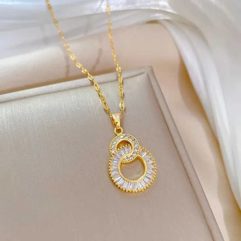 Coliere cu pandantiv din oțel inoxidabil, culoare aurie, colier cu cerc dublu, zircon cubic, 8 forme pentru femei, temperament simplu_voghion.com