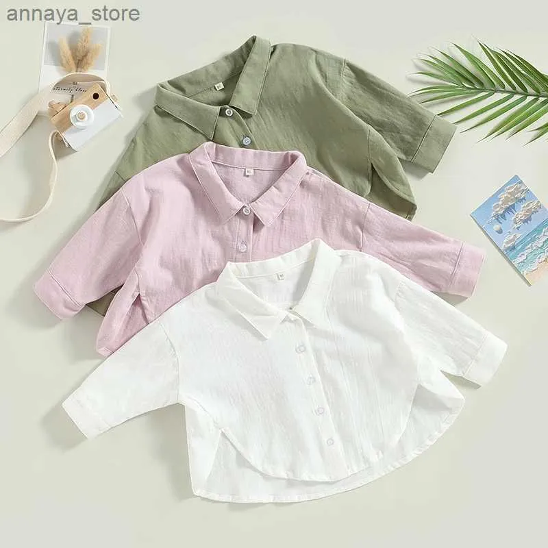 Kids Shirts Cotton Casual Kids Children Shirts Toddler Baby Girls Boys Summer Tops Short Sleeve Lapel Collar Solid Color Button Down ShirtsL2404