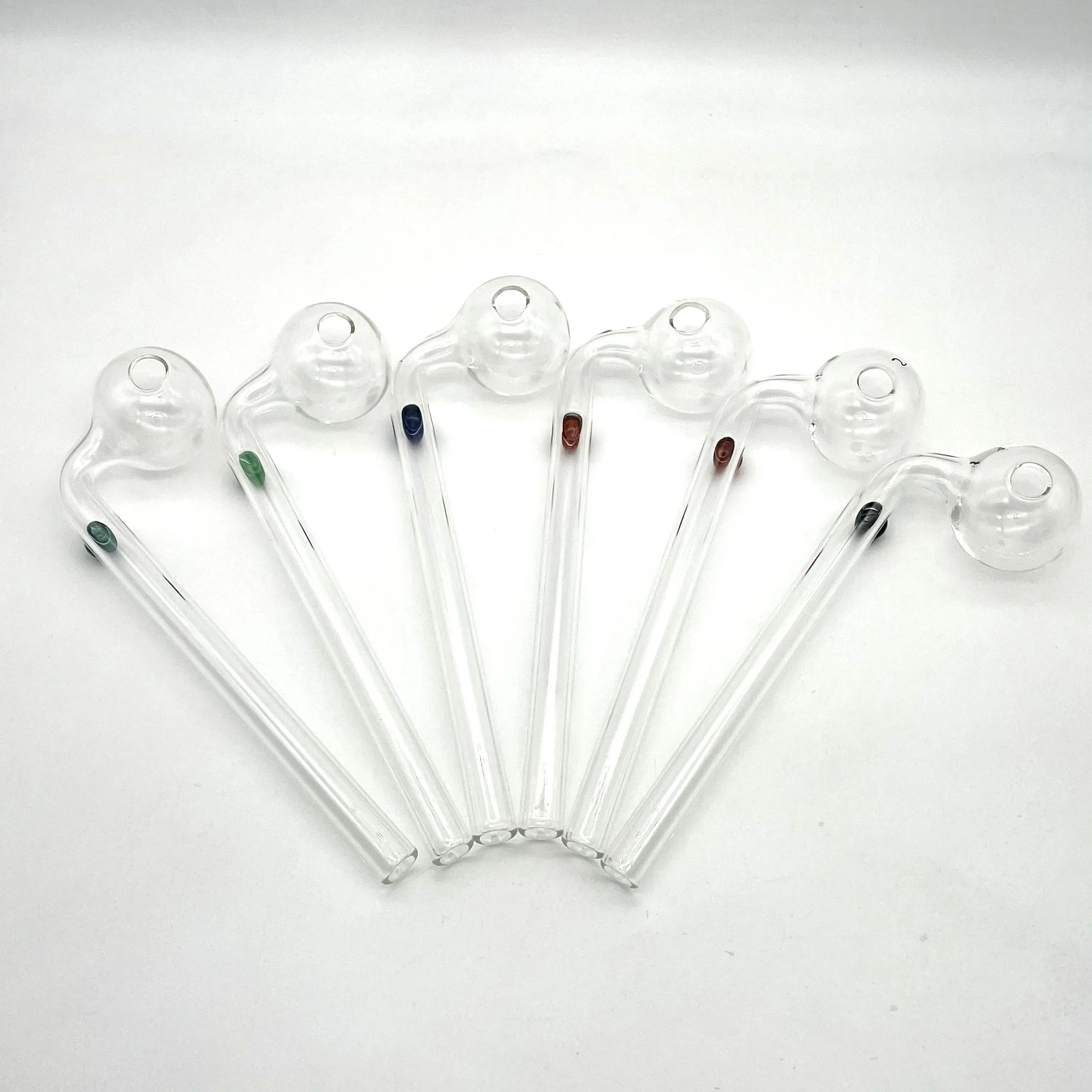 Pyrex Glass Oil Burner Pipe Accessori fumatori 14 cm 90 ° logo colore trasparente Testi per unghie a tubo grande bong ll