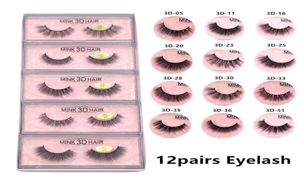 Nya 12stylar 3D Mink False Eyelash Natural Long Makeup Lash Extension i bulk med rosa bakgrundsfartyg8210761