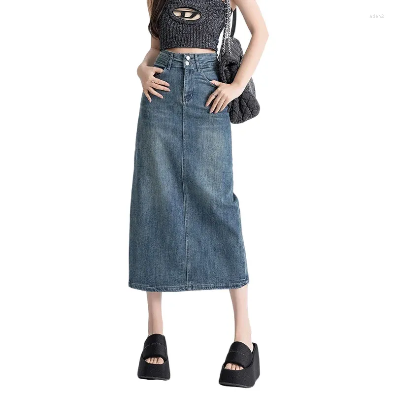 Spódnice retro dżinsowe spódnica maxi z rozciętą młodą kobietą latem wysokiej talii midi jean elegancki niebieski długi linijka harajuku