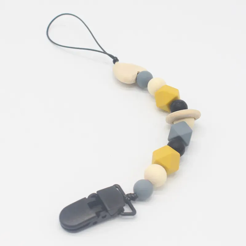 Silicone and Wooden Beads Dummy Clip Holder Cute Pacifier Clips Soother Chains Baby Teething Toy for Baby Chew