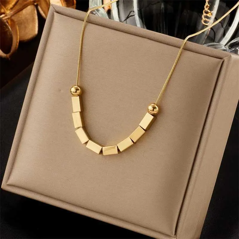 Colliers pendentifs à la mode et simples, collier rétro en acier inoxydable avec perles rondes et carrées, personnalité classique_voghion.com