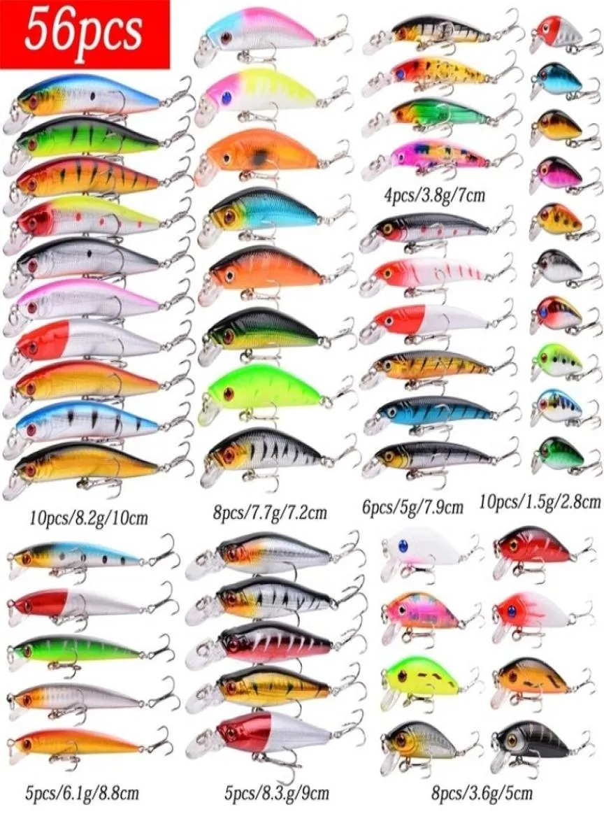 56pcspack gemischt Fischerei Köder Köder Set Wobbler Crankbaits Swimbait Minnow Hard Baits Spiners Karpfenkünstigungsfischerei Tackle 2011023186107