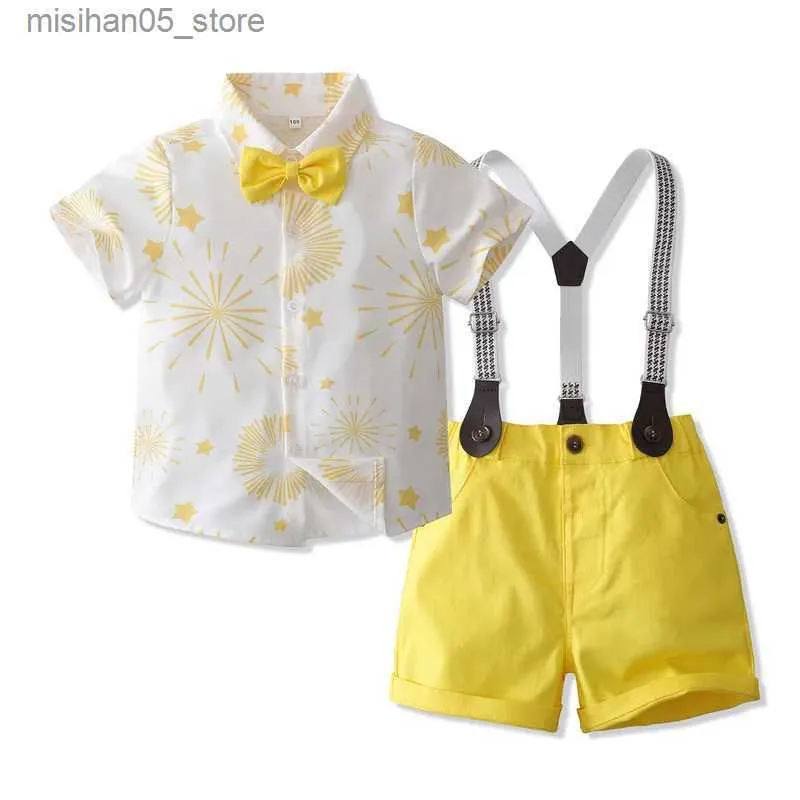 Kleidungsstücke Jungen Bogen Gentleman Kleidung gedrucktes Hemd+gelbe Shorts mit Anhänger Kinder Urlaub Kurzärmel Set Q240425