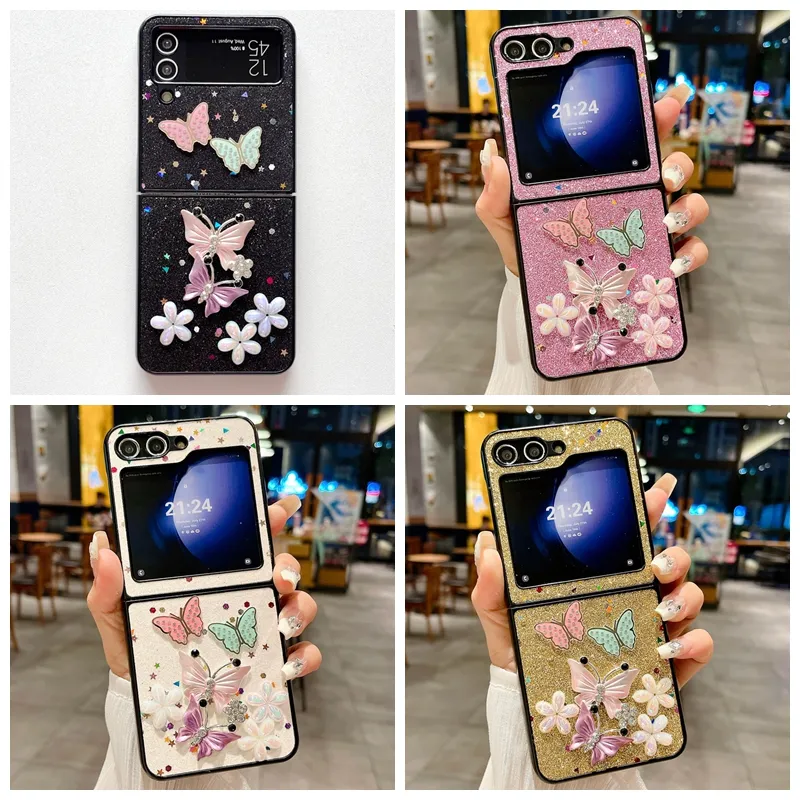 ZFlip5 3D Butterfly Flower Bling Sparkle Cases For Samsung Galaxy Z Flip 5 4 3 Flip5 Flip4 Star Glitter Shinny Hard PC Plastic Luxury Shockproof Folding Fashion Cover