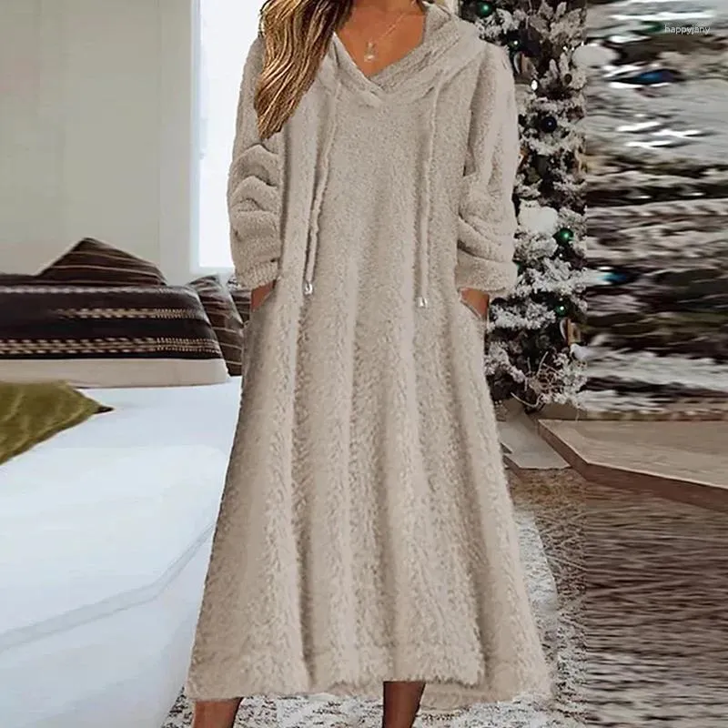 Lässige Kleider Frauen Taschen Partykleid Weihnachten Pelzige warme Kapuze 2024 Winter Homewear Solid Color Drawess lang