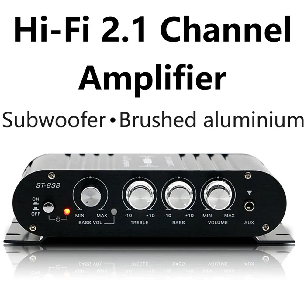 Versterker ST838 HIFI -versterker 2.1 Kanaalauto MP3 Mini AMP AUX Input High en Low Bass Apparment Super Bass 20Wx2+40W Zwart Zilver