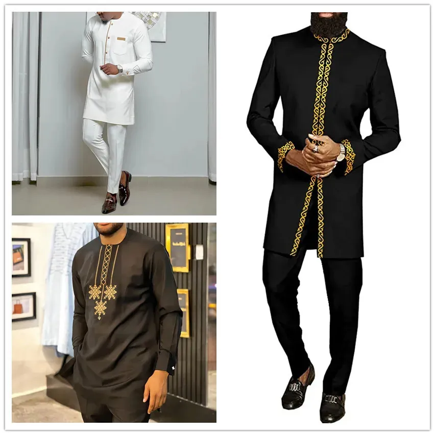DHgate Mens Embroidered Kaftan Suit Set 2 Piece Traditional Wear Casual Cultural Clothing Apparel