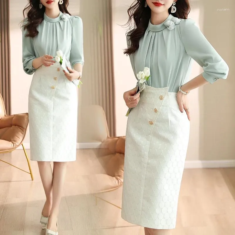 yuyuann Elegant Summer Women s Two Piece Office Dress Set with Long Sleeve Top and Shirt Skirt