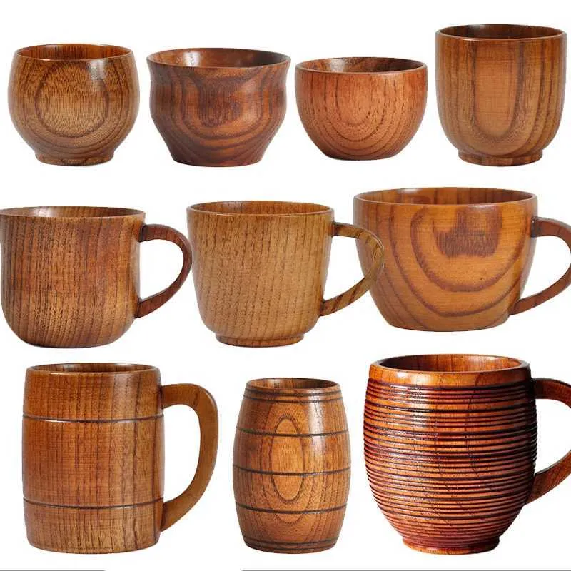 Tumblers Wooden cups coffee tea beer juice milk water vintage office kitchen beverage accessories with wooden handles H240425