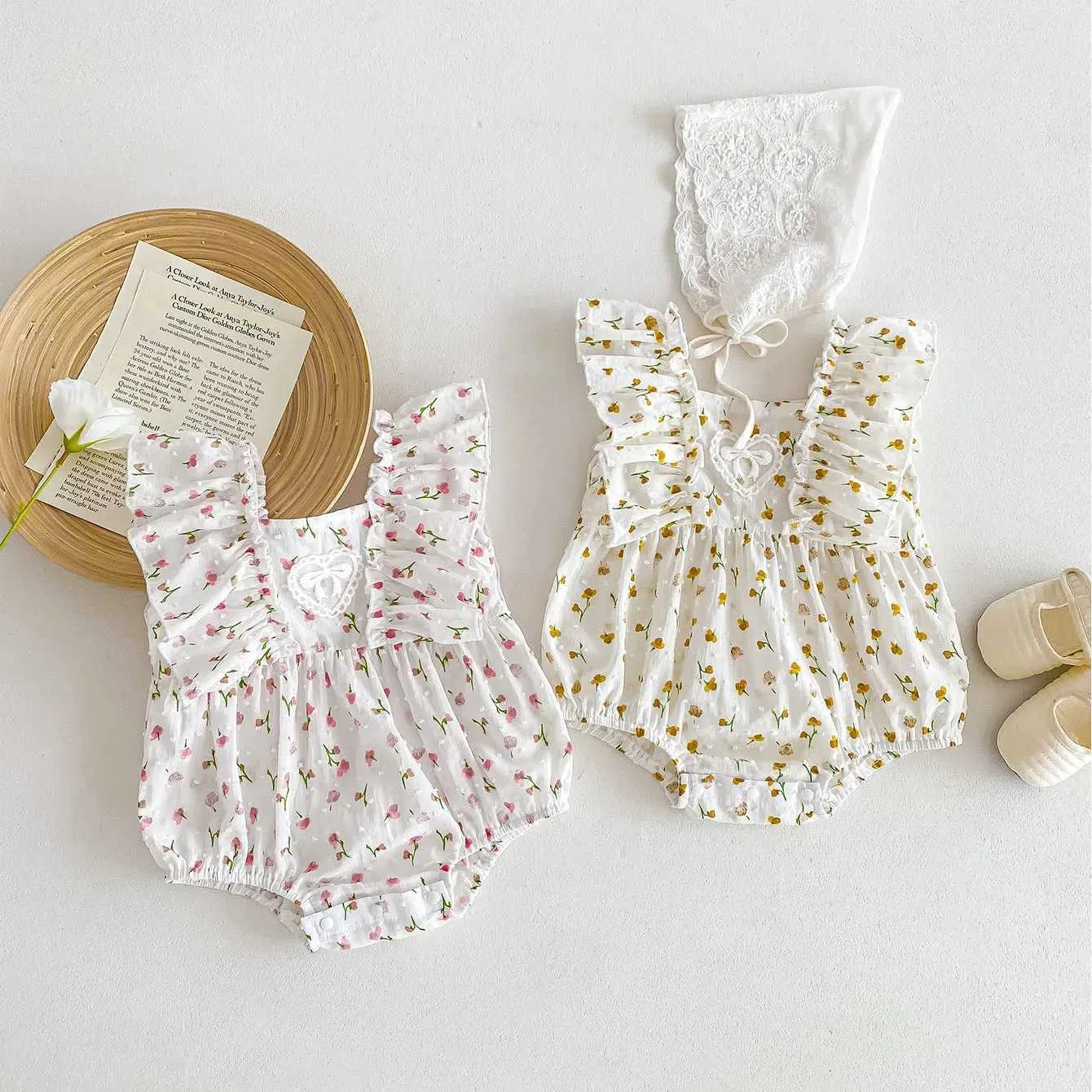 Rompers babymeisjes bodysuits ruche meisjes één stuk bloemen ifant kleding mouwloze jumpsuits H240425