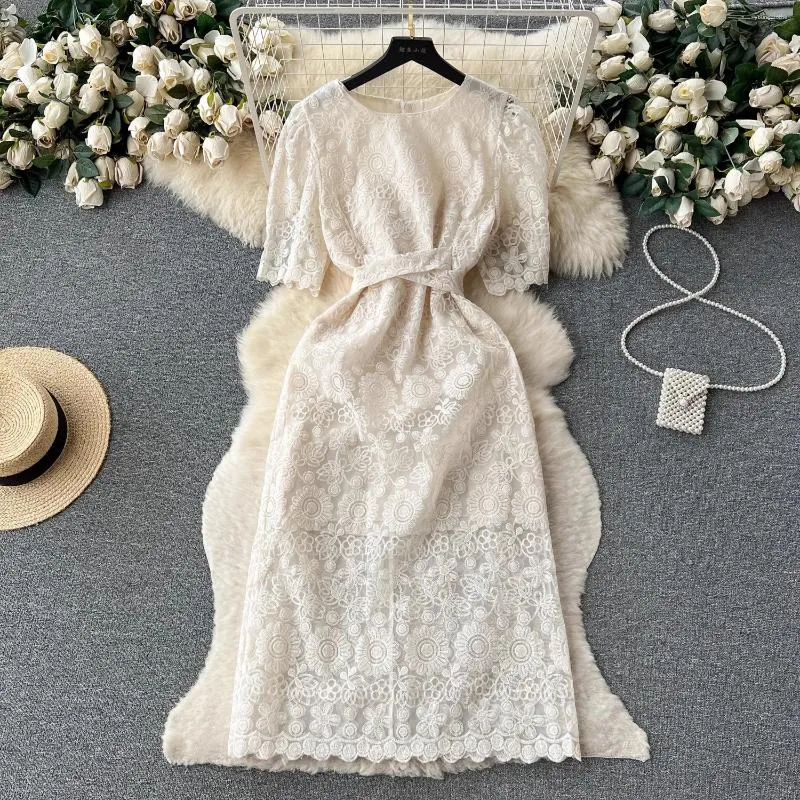 Party Dresses France Elegant Summer White Lace Midi Dress High Quality Women O Neck Embroidery Flower Mesh Up Office Ladies Vestidos