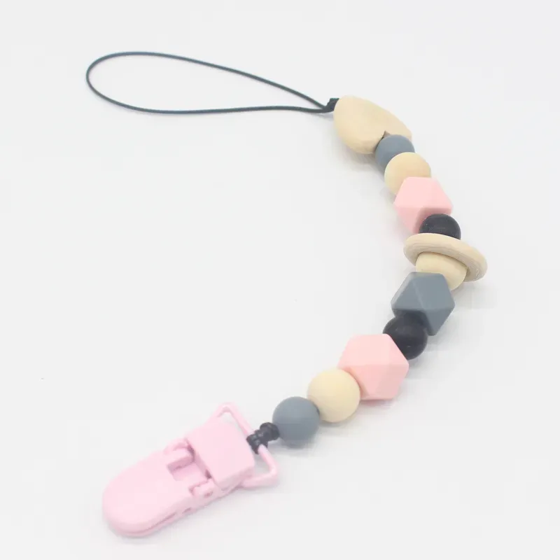 Silicone and Wooden Beads Dummy Clip Holder Cute Pacifier Clips Soother Chains Baby Teething Toy for Baby Chew