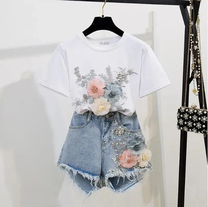 Fashion High Taille Jeans Shorts Sets 2024 Sommer Frauen 2 Stück Sets Stickerei 3D Blumen T-Shirt Top+Denim Shorts Zweiteiler Set G198