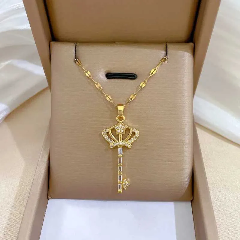 Collane con ciondolo in acciaio inossidabile, dolce cuore, chiave, stella, corona, cristallo, zircone, collana a catena girocollo per donna_voghion.com