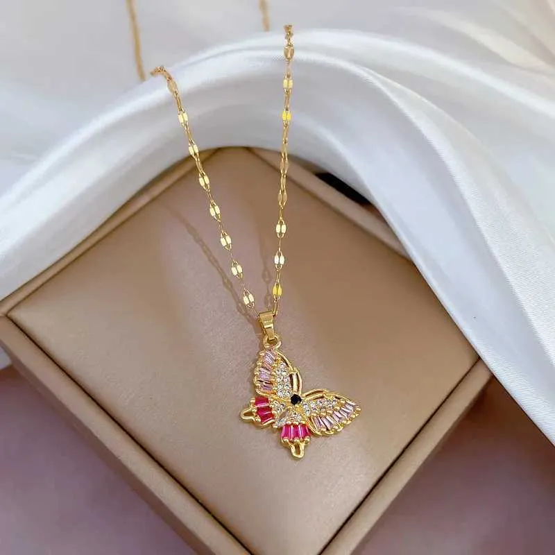 Collane in acciaio inossidabile elegante collana con ciondolo a farfalla con catena in strass per donna girocollo in cristallo scintillante_voghion.com