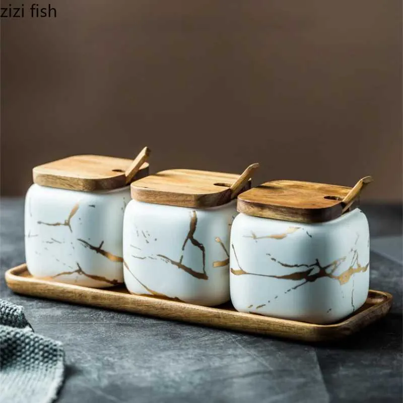 Marble Ceramic Seasoning Jar Spice Container Box Bottle Wooden Lid Storage  Organizer