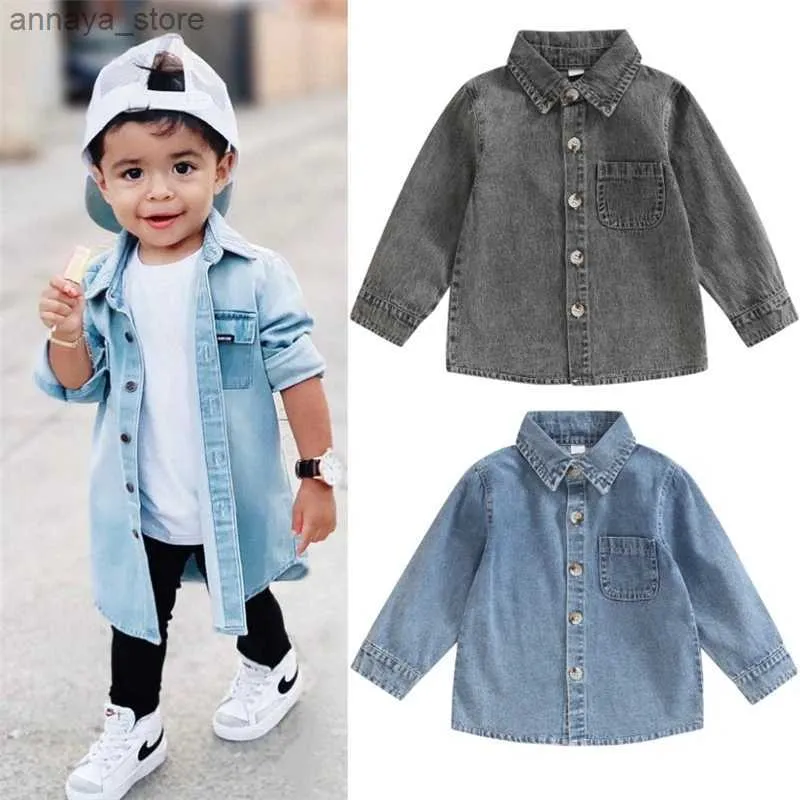 Kids Shirts Mode 1-6Y Jungen Denim Shirts Jacke Langschläfe Lampenknopf Schließung Taschendekor Casom Streetwear Außentopsl2404