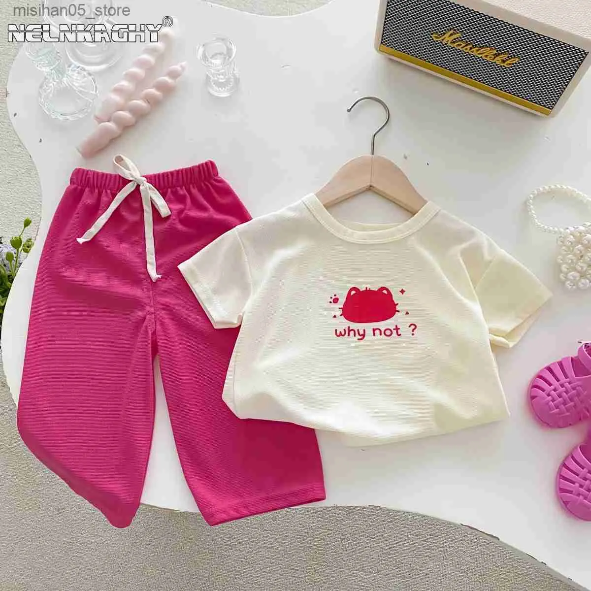 Set di abbigliamento 2024 primavera/estate nuovi bambini bambine e ragazzi abbigliamento per bambini abbigliamento per bambini comunicazione card top-shirt+pantaloni bambini 1-9y q240425