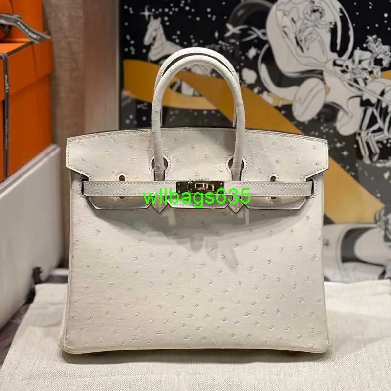 Bk 2530 Handbags Ostich Leather Totes Trusted Luxury Bags Handmade Wax Thread Sewn Platinum Bag 25cm Wool White South African Kk Ostrich Skin G have logo HBOKGF