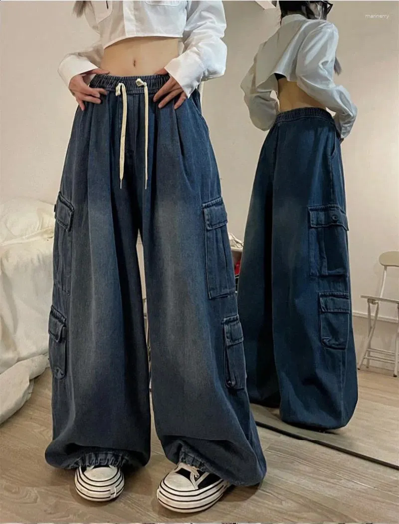 Jeans pour femmes fille vintage big poche surdimensionnée baggy cargo femme élastique taille pantalon de jambe large pantalon denim femmes