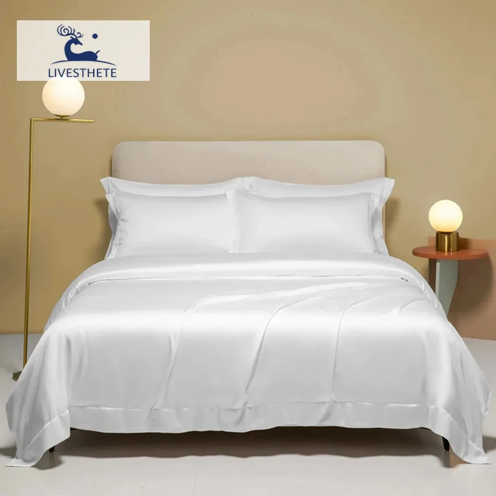 Livestete Summer Luxury White 100% Silk Bedding Set Solid Color Däcke Cover Pillow Case Bed Sheet Quilt King Queen Set 240425