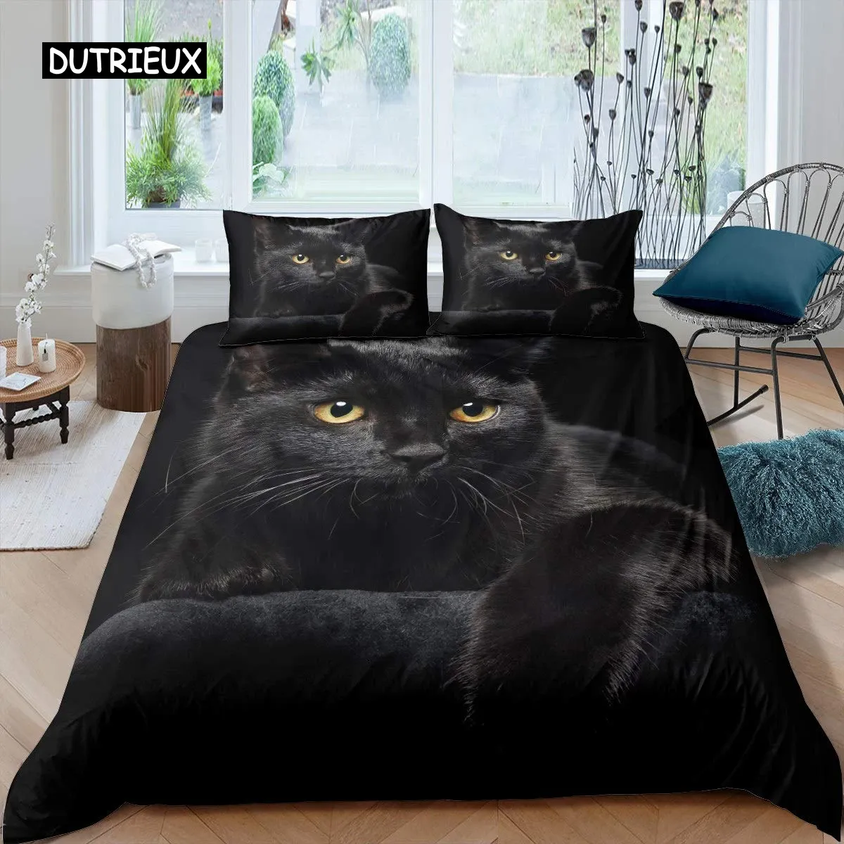 Sets Cat dekbedoverdeksel Set Pet Cats Patroon Twin Bedding Set schattig kitten voor jongens polyester mysterieuze zwarte kat king size quilt cover