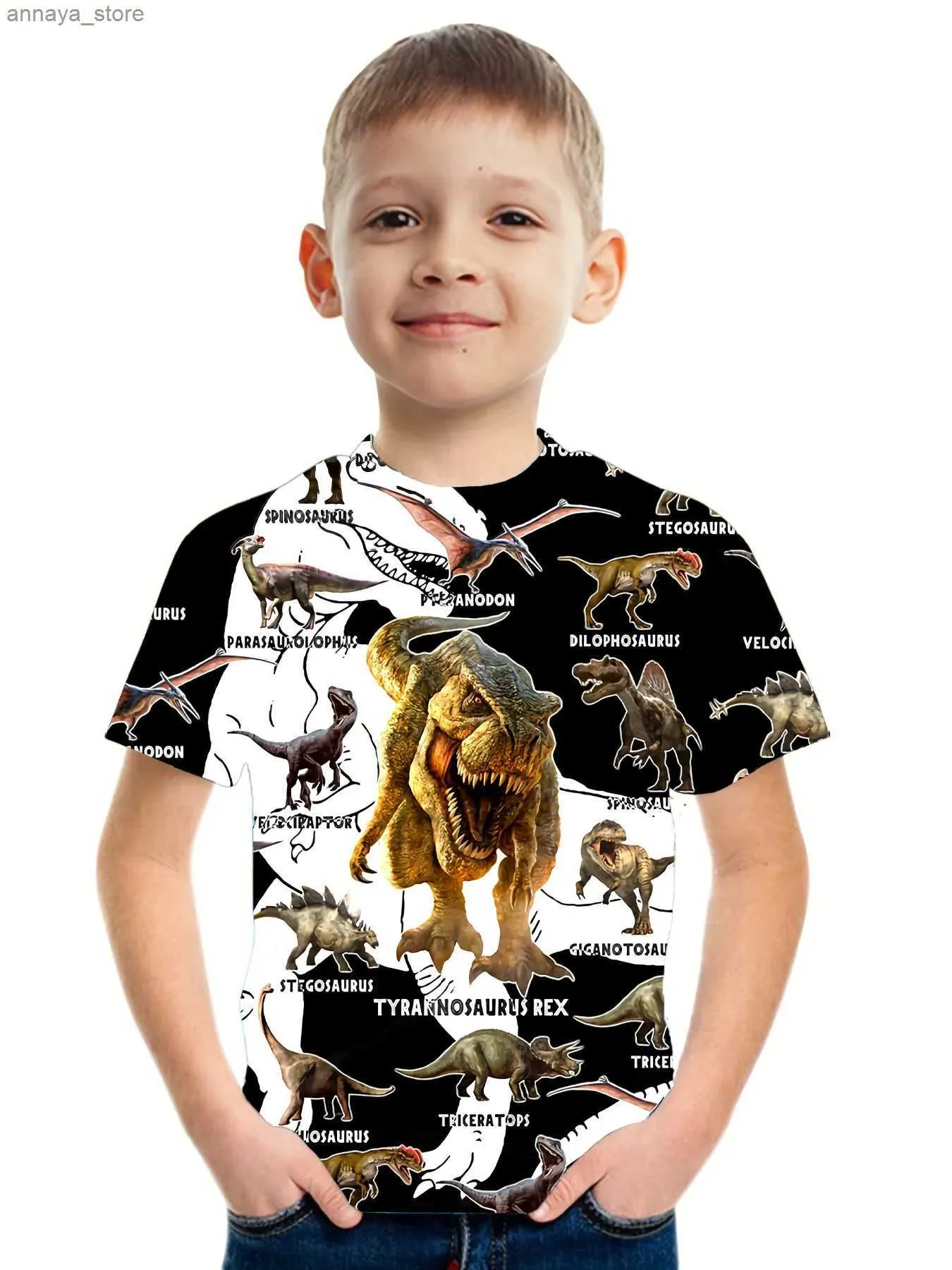 T-shirts 3D Digital Dinosaur Print Boys Creative T-shirt Casual Lightweight Comfy Short Sleeve Tee Tops Kids Clothings For SummerL2404