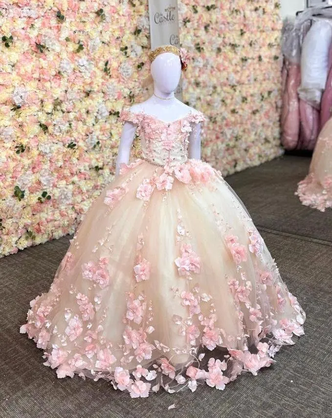 Off Schulter Prinzessin Mini Quinceanera Kleider für Mädchen 3d Blumenapparat Little Prinzessin Hochzeitsfeier Blumenmädchen Kleid BC18710