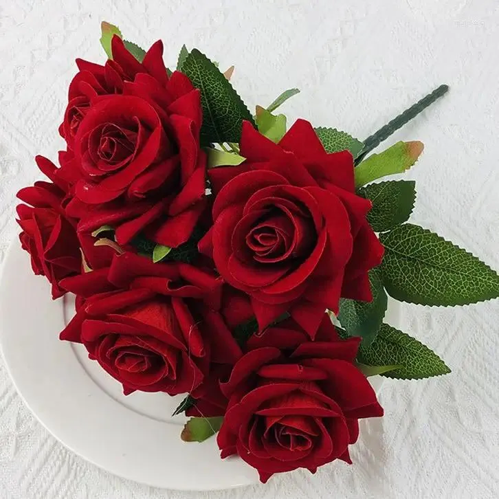 Fleurs décoratives Roses en velours artificiel Bouquet de la Saint-Valentin Jardin cadeau El Decoration Fake Rose Simulation Flower Wedding Decor