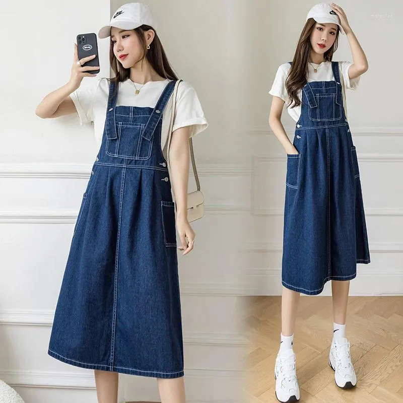 Vestidos casuais S-5xl Blue Suspender Denim Denim Denim