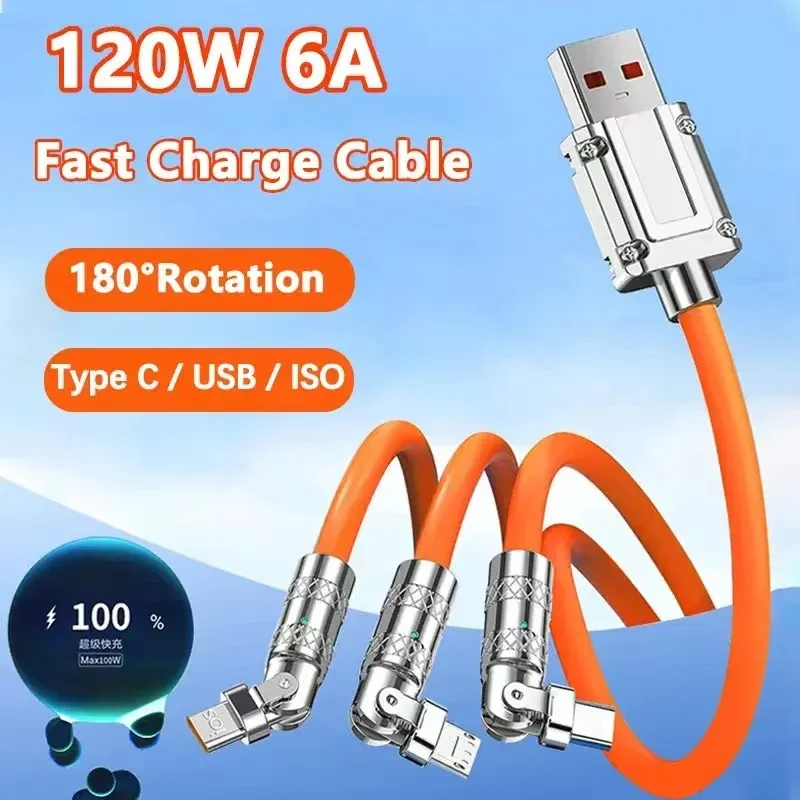 2M 120W 3 in 1 Super Fast Charging Cable Micro USB Type C 180 ° DOTATINT DATITINT CABLE CABLOY ZINC MONDOY USB Phone Charger for Xiaomi 13 Samsung iPhone 14 13