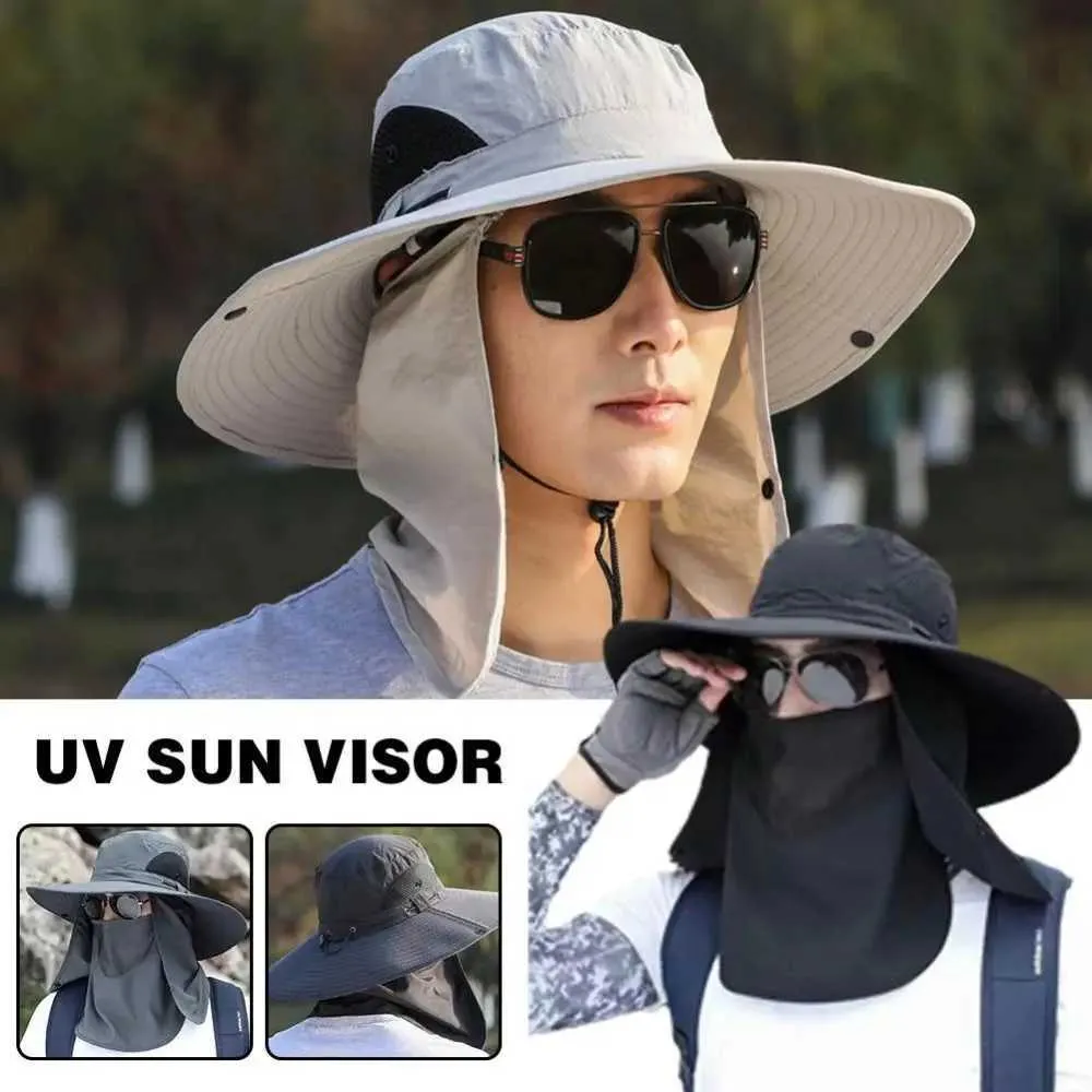 Chapéus de aba larga Chapéus de balde 1 Chapéu de pesca com uma máscara de verão Proteção ao sol ampla vidra