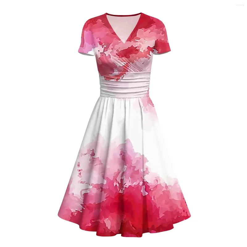 Casual Dresses Women's Princess Dress Sexig V-ringning Söt tryckt kort ärm Swing Vestidos Para Mujer Elegantes Y Bonitos Vestido Feminin