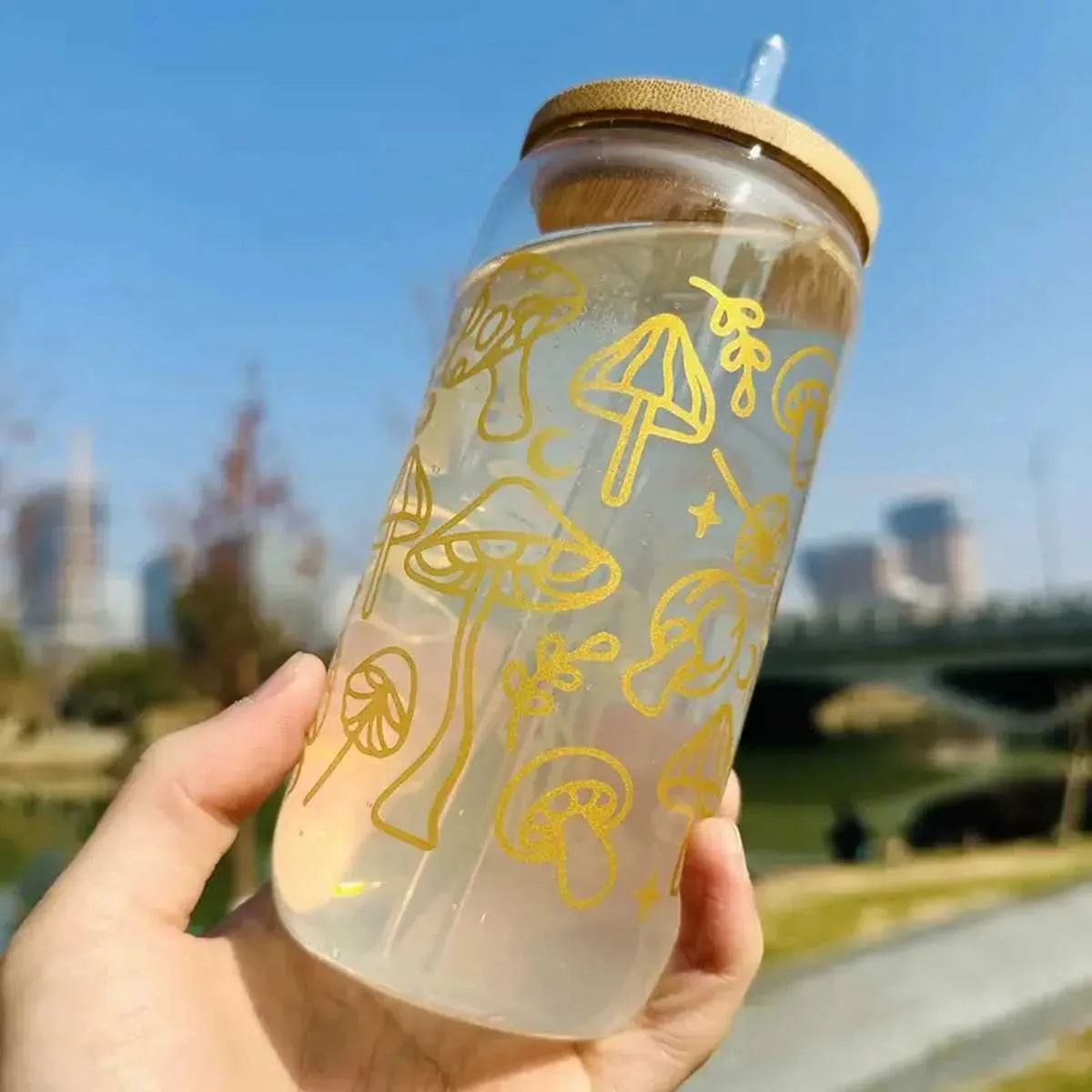 Tumblers Golden Mushroom Sticker Style 16oz Drinking Glass With Bamboo Lid And Straw Drink Juice Can Bottle Summer Drinks H240425