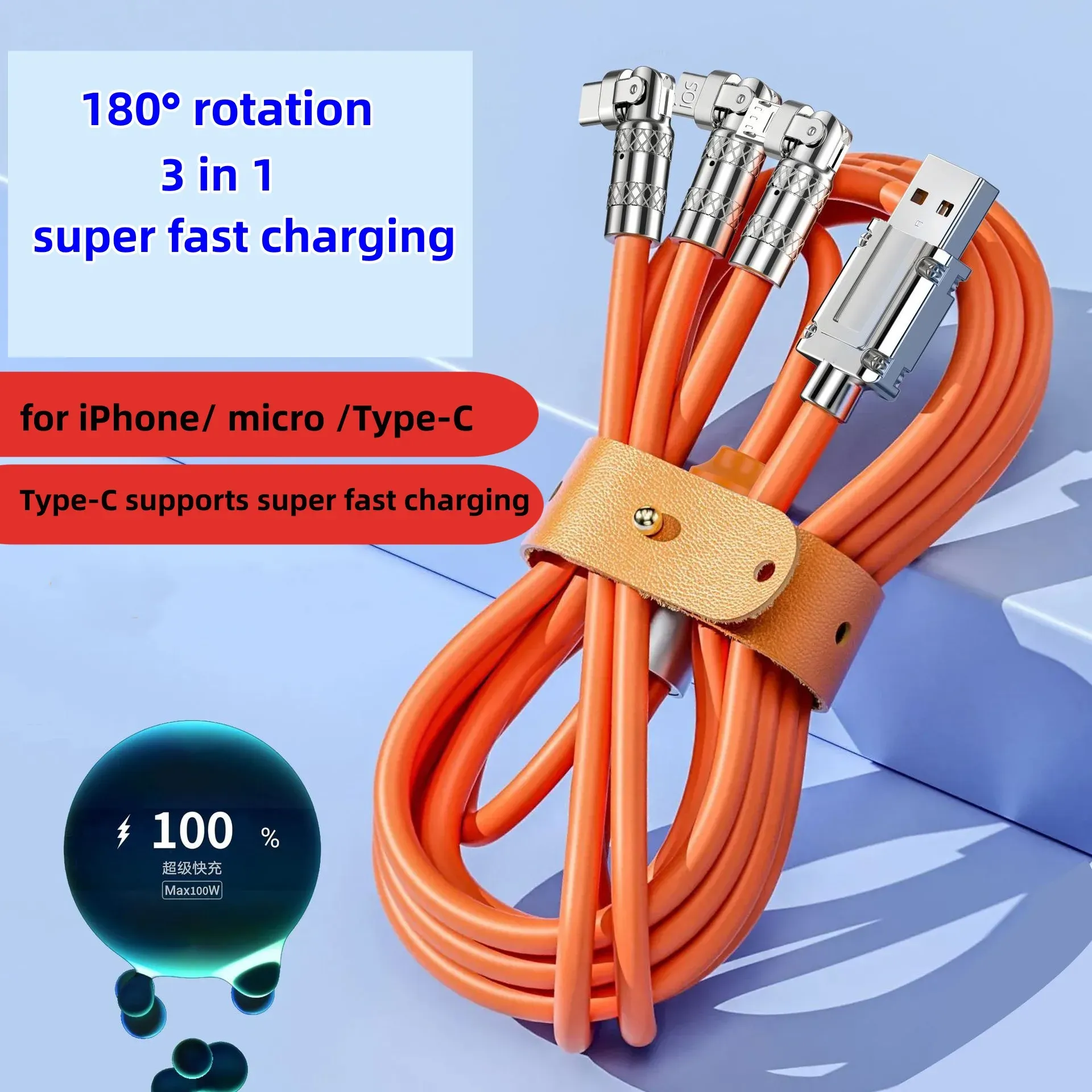 180 ° Rotation 3 i 1 USB-datakabel 120W Type-C Super Fast Charging Cable för iPhone Android Type-C Mobiltelefon Charger Cable Cord 1,2m