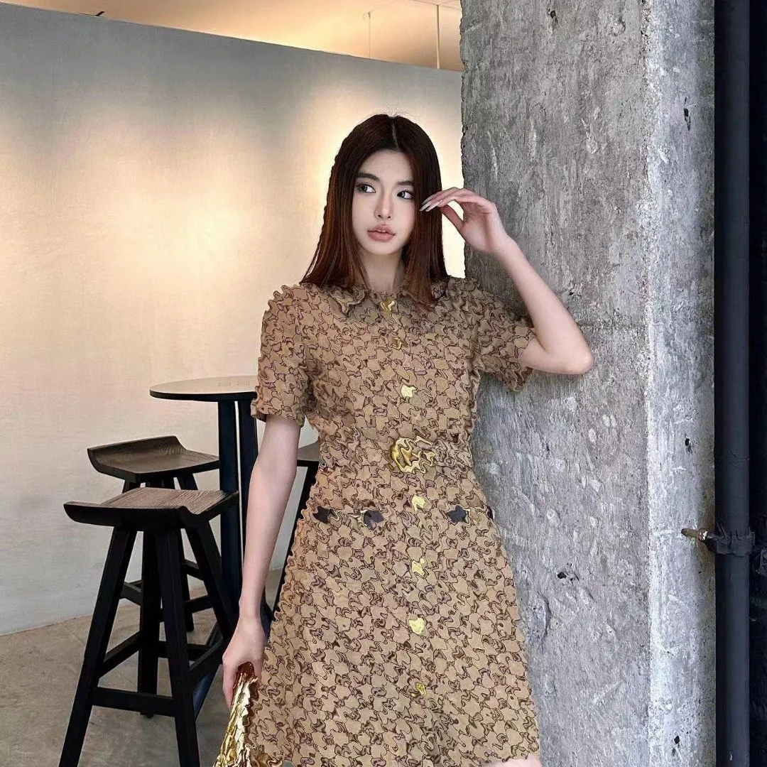 Casual Dresses Womens designer Dress for women Spring and summer new old flowers jacquard buttons dress pocket chain decoration with belt fashion atmosphere
