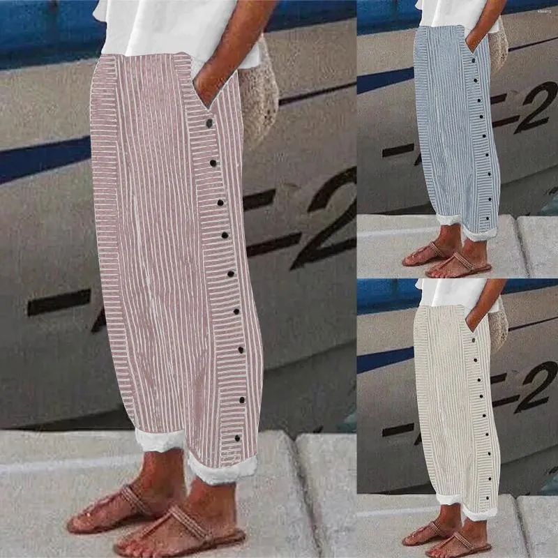 Pantalon pour femmes coton et lin à rayures à rayures élastiques boutons de poche hauts neuf points lâches occasionnels