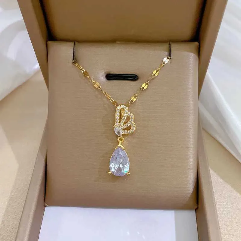 Pendant Necklaces Stainless Steel Butterfly Tears Light Water Drop Wedding Necklace Temperament Niche Design Sense_voghion.com