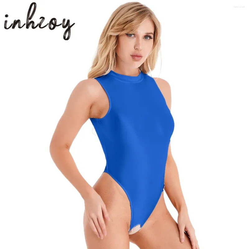 Women's Swimwear Womens Glossy Crotchless Bodysuit Sexy Oil Shiny High Cut Thong Leotard One Piece Swimsuit Pole Dance Clubwear