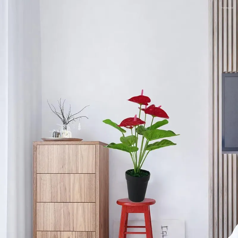 Decoratieve bloemen Mooie lichtgewicht Anthurium -opstelling vaste plastic natuurgroene en rode faux plant voor kantoren