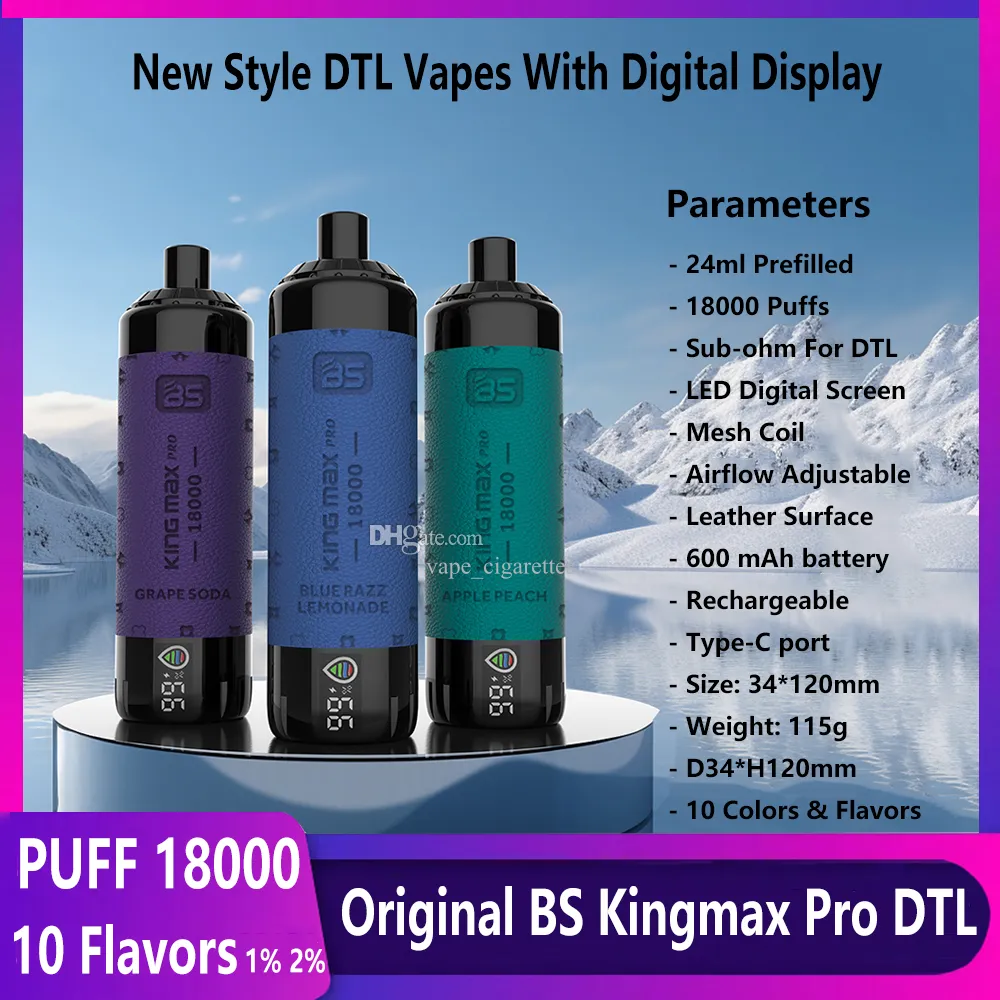 Nieuwe BS Puff 18000 Disposable Vapes Kingmax Pro Dtl Vaper 18000 Puff 18k Shisha 24 ml POD MESH MEIL Oplaadbare vape Bar 10 kleuren vs Al Fakher 15000 Puff 20000 20K Cloud