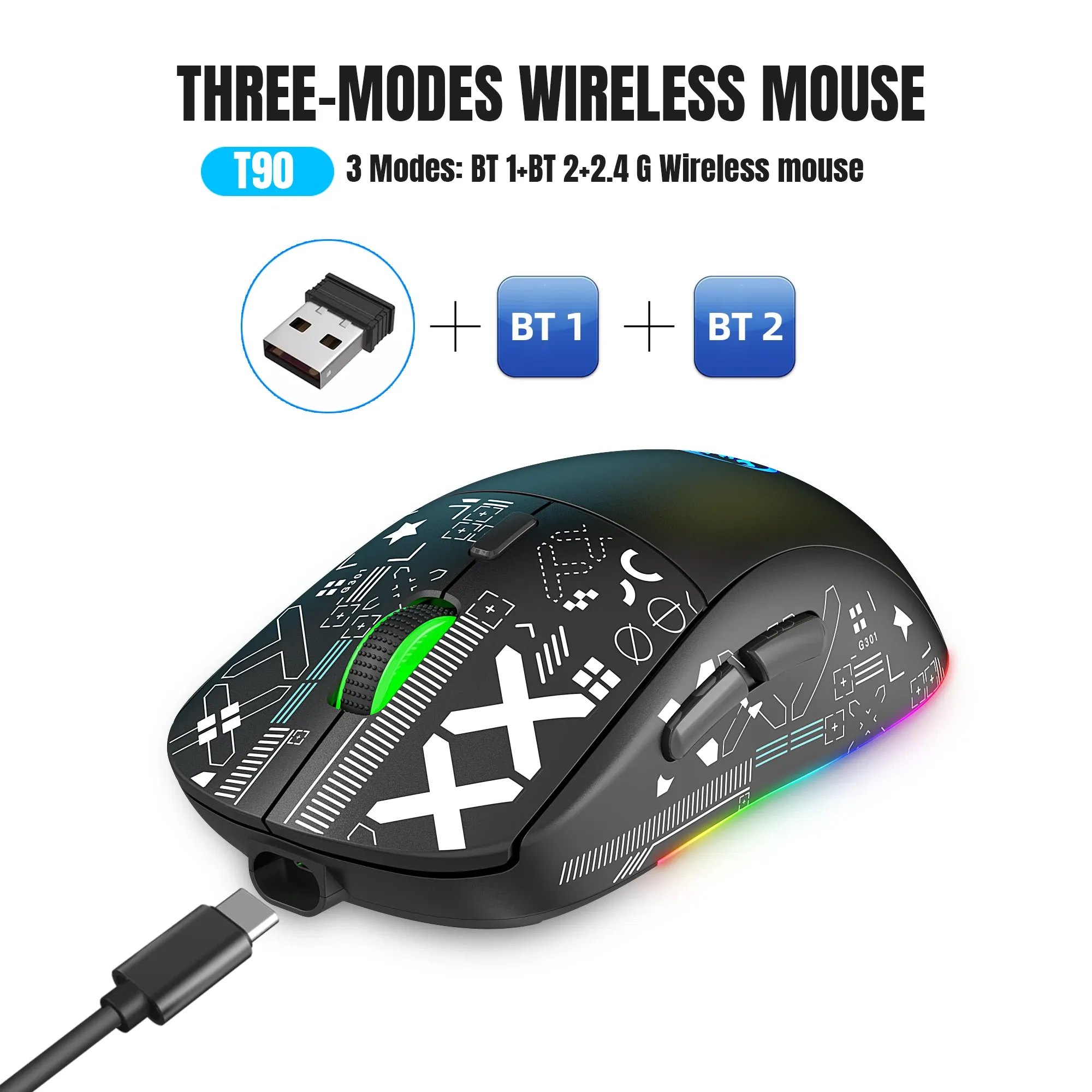 MICE 3 Modes Bluetooth Gaming Mouse Rechargeable 2.4g USB Wireless RVB Backlight Souris pour l'ordinateur portable de tablette iPad